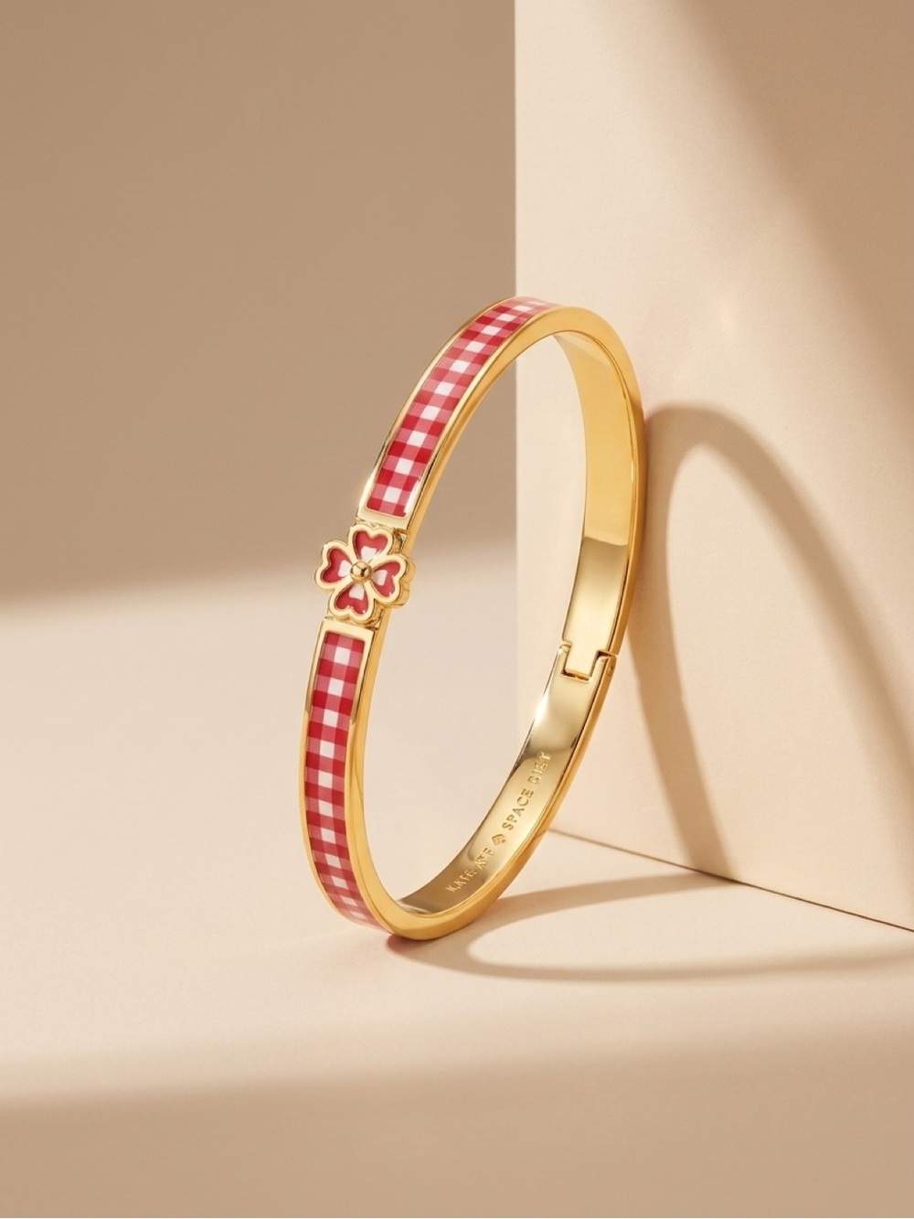 kate spade Red Gingham Flower Hinged Bangle Bracelet with Gold Tone